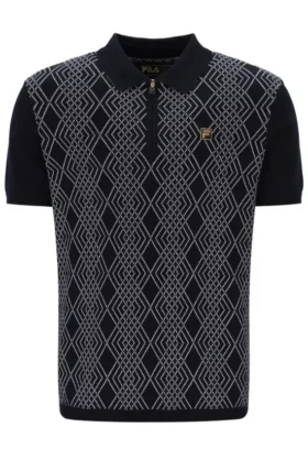 Black Castello Jacquard Knitted Polo with Zip