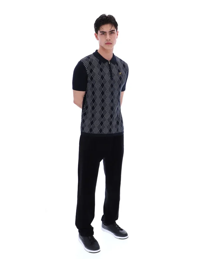 Black Castello Jacquard Knitted Polo with Zip