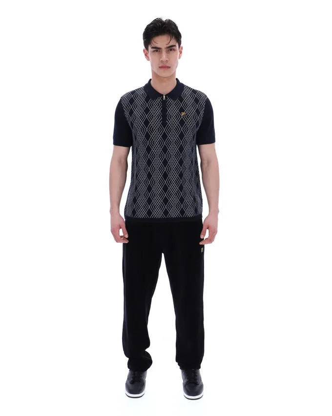 Black Castello Jacquard Knitted Polo with Zip