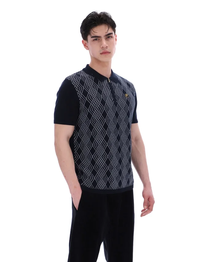 Black Castello Jacquard Knitted Polo with Zip