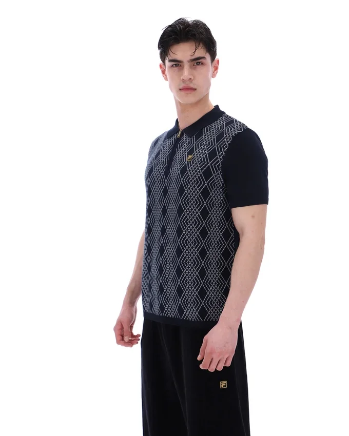 Black Castello Jacquard Knitted Polo with Zip