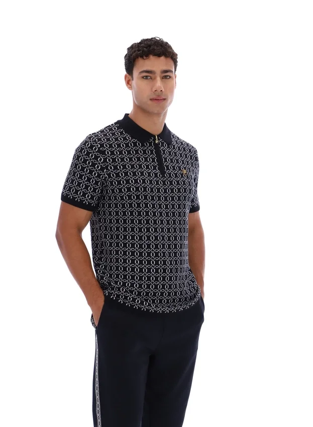 Black Jackson Jacquard Knit Zip Polo Shirt