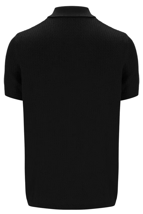 Black Sander Textured Knit Polo Shirt