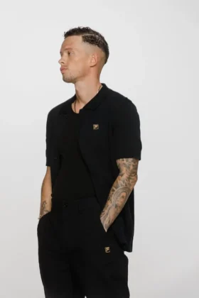 Black Walter Open Knit Pointelle Panel Polo
