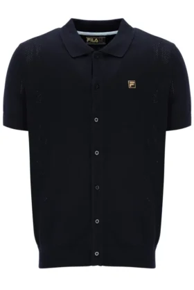 Black Walter Open Knit Pointelle Panel Polo