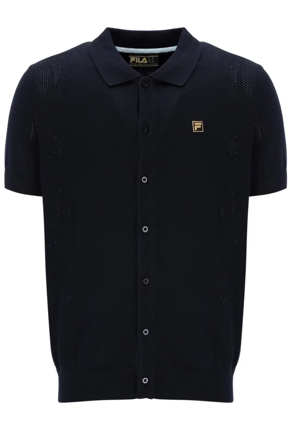 Black Walter Open Knit Pointelle Panel Polo
