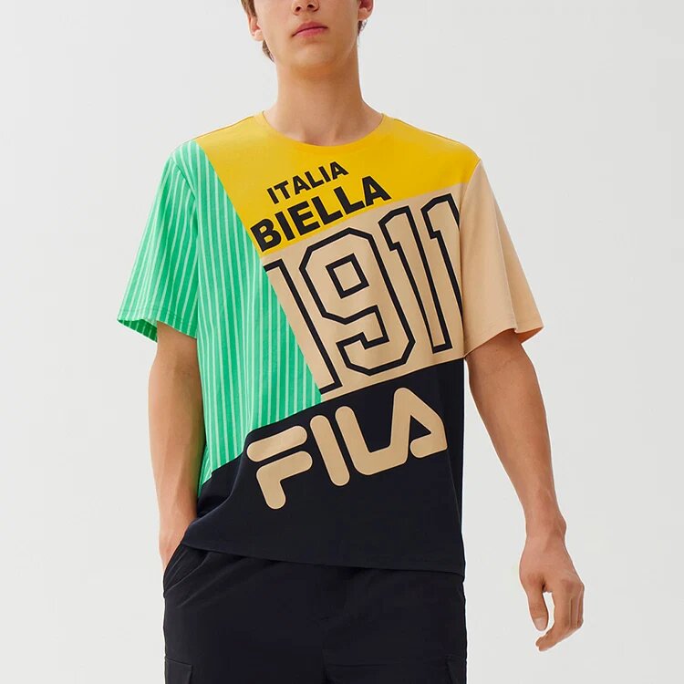 Contrast Color Stitching Logo Short Sleeve Blue