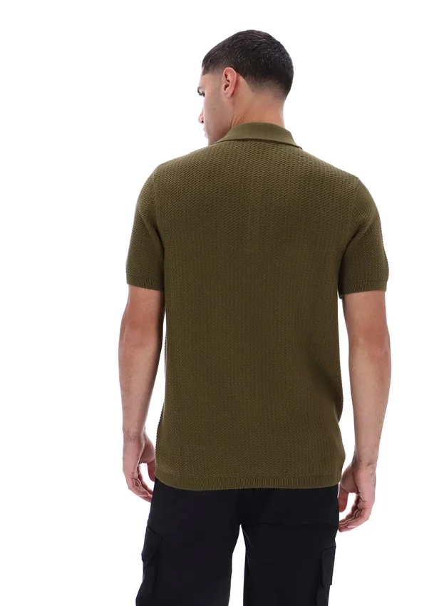 Dark Olive Sander Textured Knit Polo Shirt