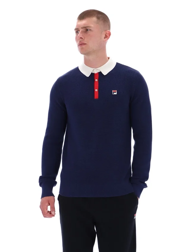 Fila Navy Nowell Waffle Knit Long Sleeve Polo