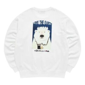 Men"s FILA x Pepe Shimada Crossover Cartoon Printing Sports Round Neck Pullover White
