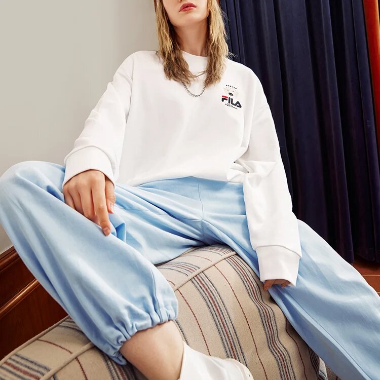 Men"s FILA x Pepe Shimada Crossover Cartoon Printing Sports Round Neck Pullover White