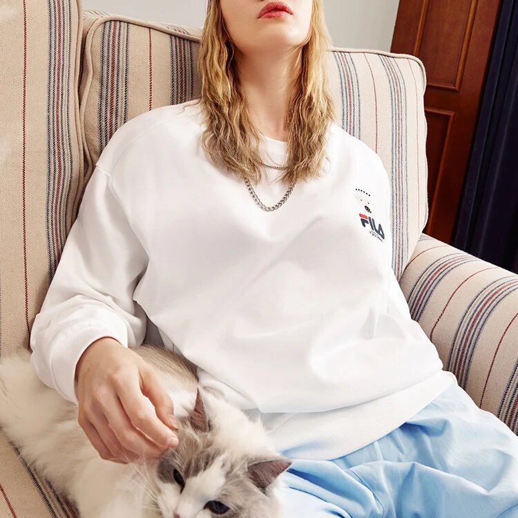 Men"s FILA x Pepe Shimada Crossover Cartoon Printing Sports Round Neck Pullover White
