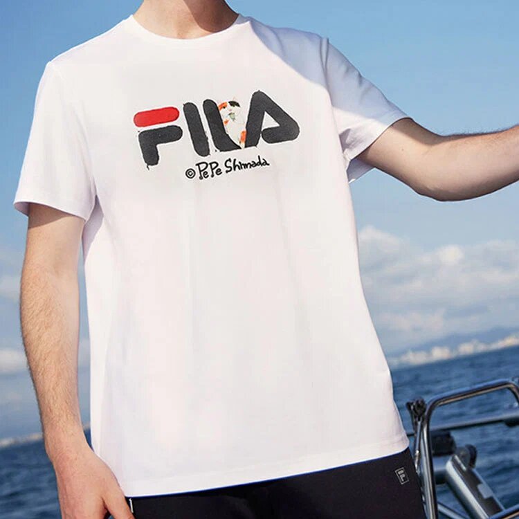 Men"s FILA x Pepe Shimada Crossover Casual Breathable Printing Sports Short Sleeve White T-Shirt