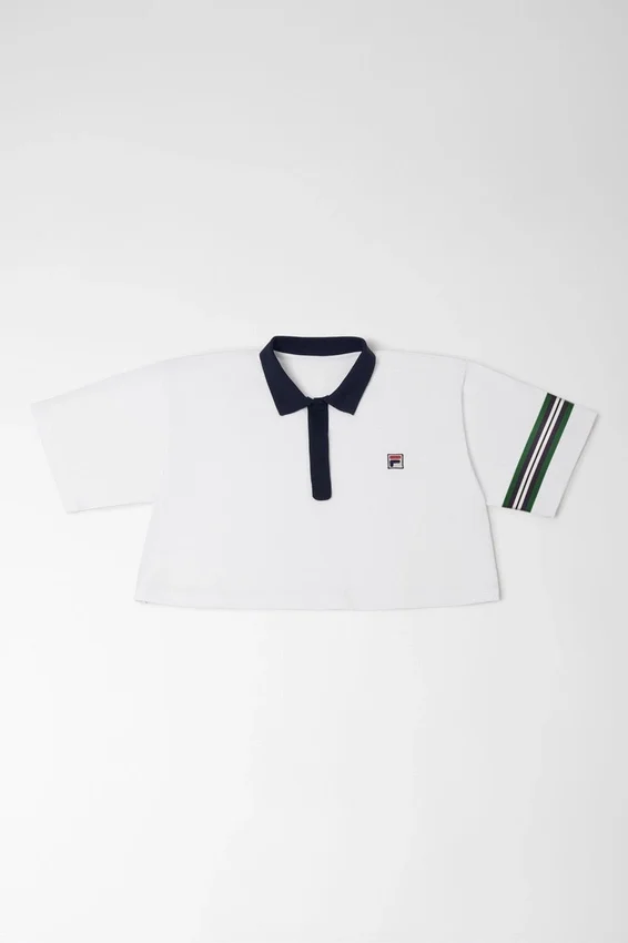 Off White Cropped Flared Polo With Contrast Collar