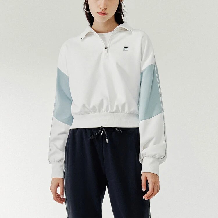 Sports Contrasting Colors Stand Collar Pullover Half Zipper Hoodie White